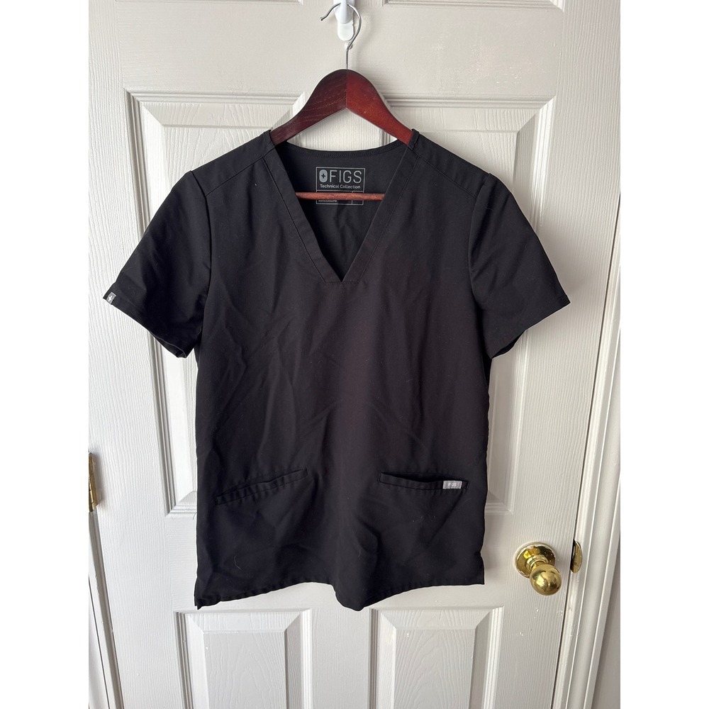 Figs Scrub Top Womens Small Black V-Neck Technical Collection Workwear